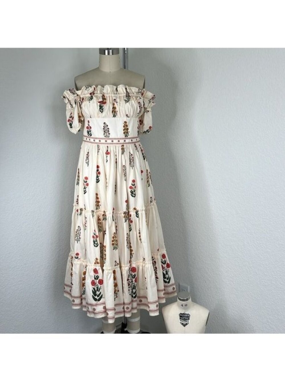 Agua Bendita Banana Dahlia Midi Dress Floral Print Cotton Cream Wallflowers